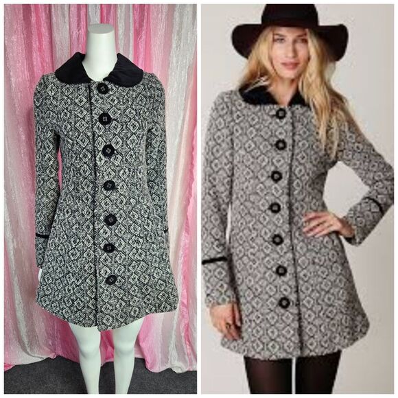 Free People Retro Tapestry Collared Wool Blend Black White Coat Size 5 - Picture 1 of 15
